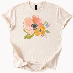 Peach Yellow Floral Watercolor Graphic T Shirt Hand Painted Flower Art Tee